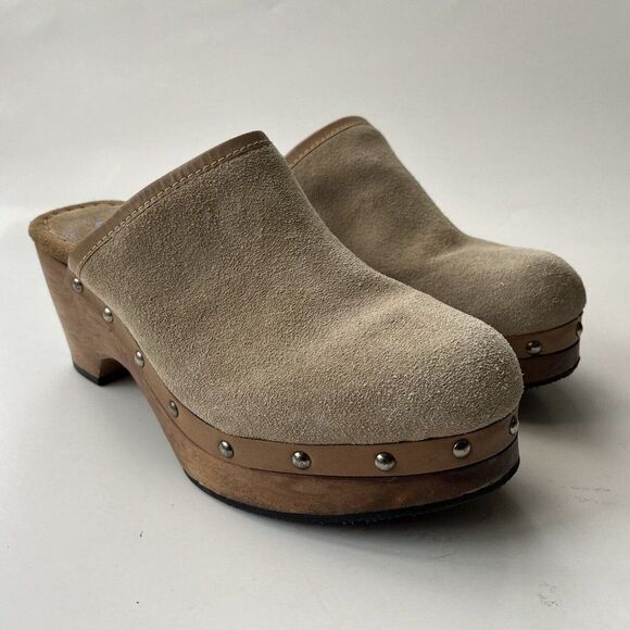Vintage Y2K Candie’s Suede Leather Wood Clogs Mule Beige Platform Hippie Boho 6 - Picture 3 of 8